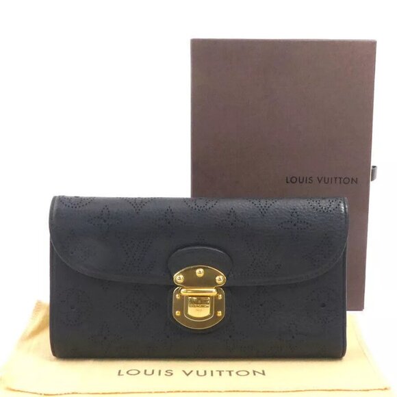 Auth LOUIS VUITTON Monogram Mahina Amelia Long Wallet Black